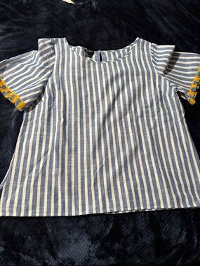 Ladies Talbots Blue & White Striped Top with Blue/Yellow Fringe Trim